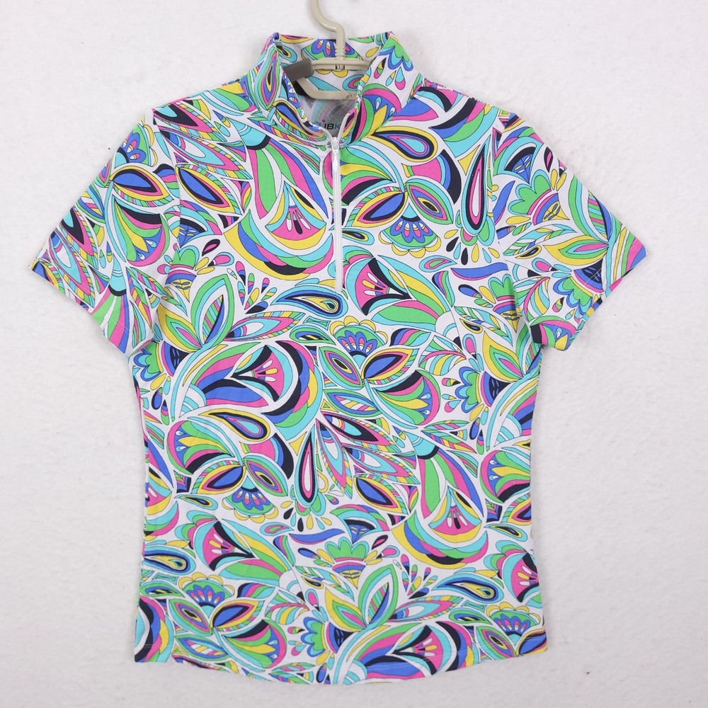 IBKUL Floral Golf Shirt Quarter Zip Performance Top Womens Small Multi Paisley